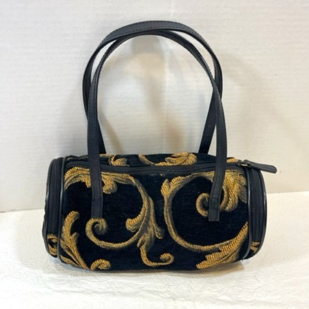 VTG Barrel Purse Black Corduroy Handbag Satchel w/Gold Metallic Swirls 10x5"